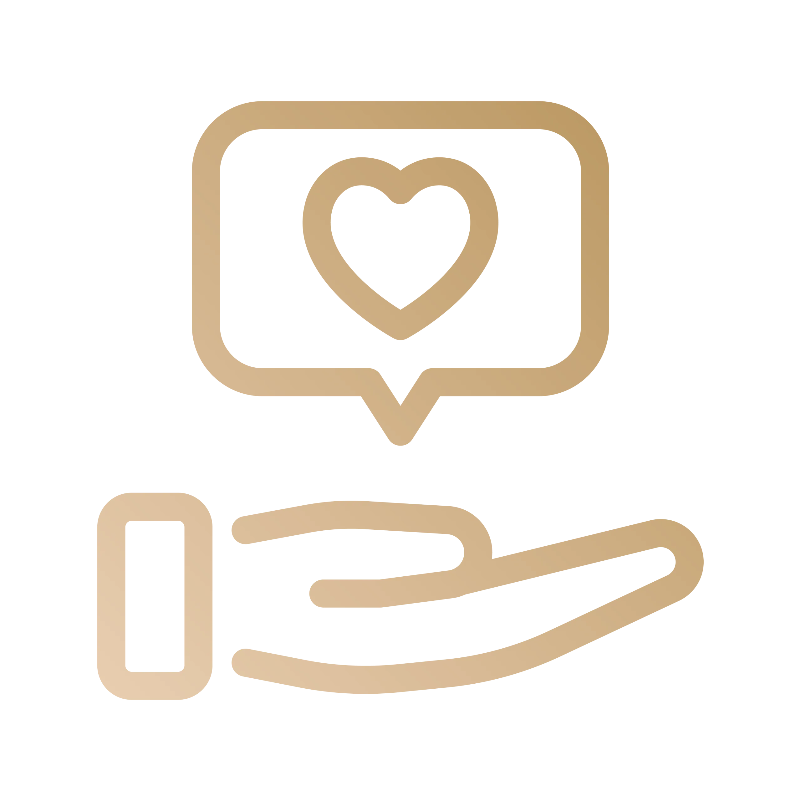 Icon of a hand holding a speech bubble with a heart inside.